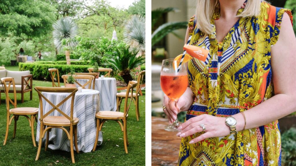a table with striped tablecloth and a woman holding an aperol spritz, illustrating modern Fourth of July party ideas