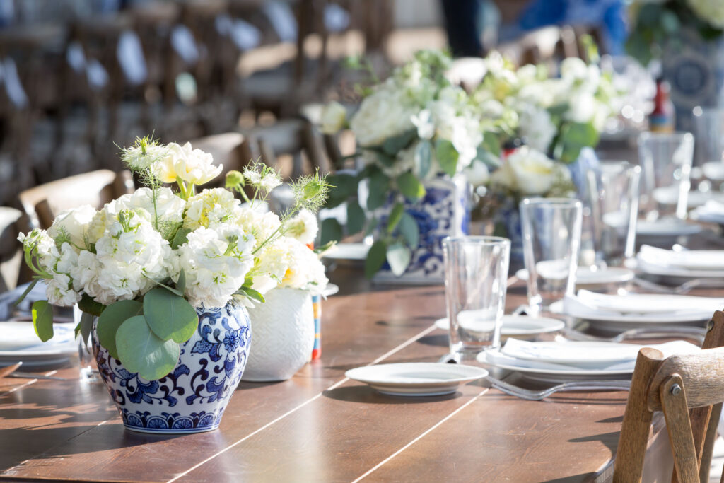 a Fourth of July tablescape with subtle patriotic colors and decor