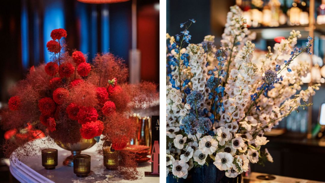 two examples of Fourth of July party flowers in red and white